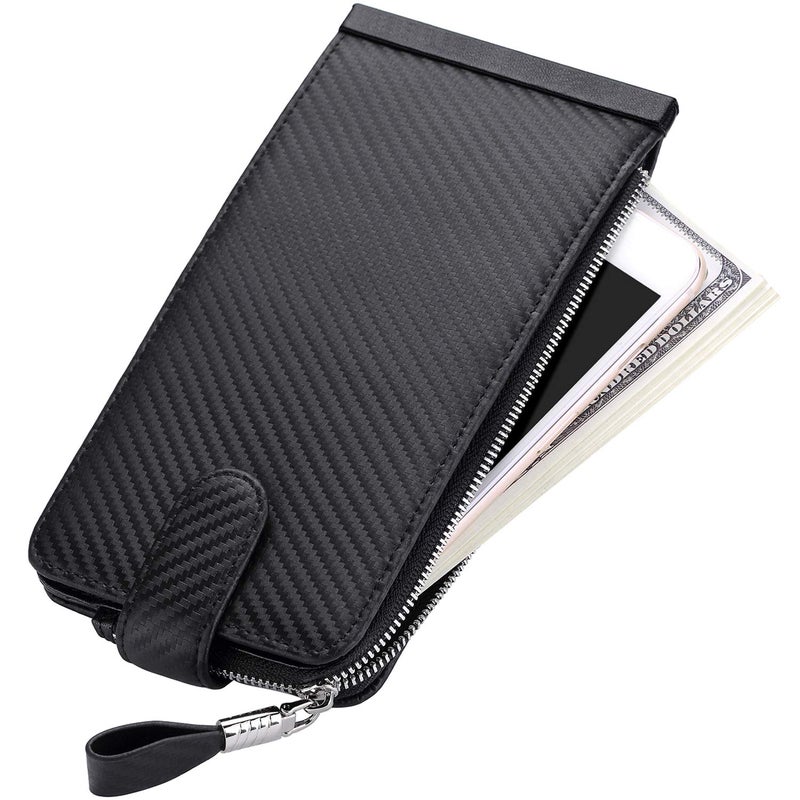Huztencor Wallets for Men Women Slim RFID Blocking Genuine Leather Credit Card Holder Long Wallets Bifold Billfolds Passport Travel Wallet Checkbook Cover Carbon Fiber Black - Image 4